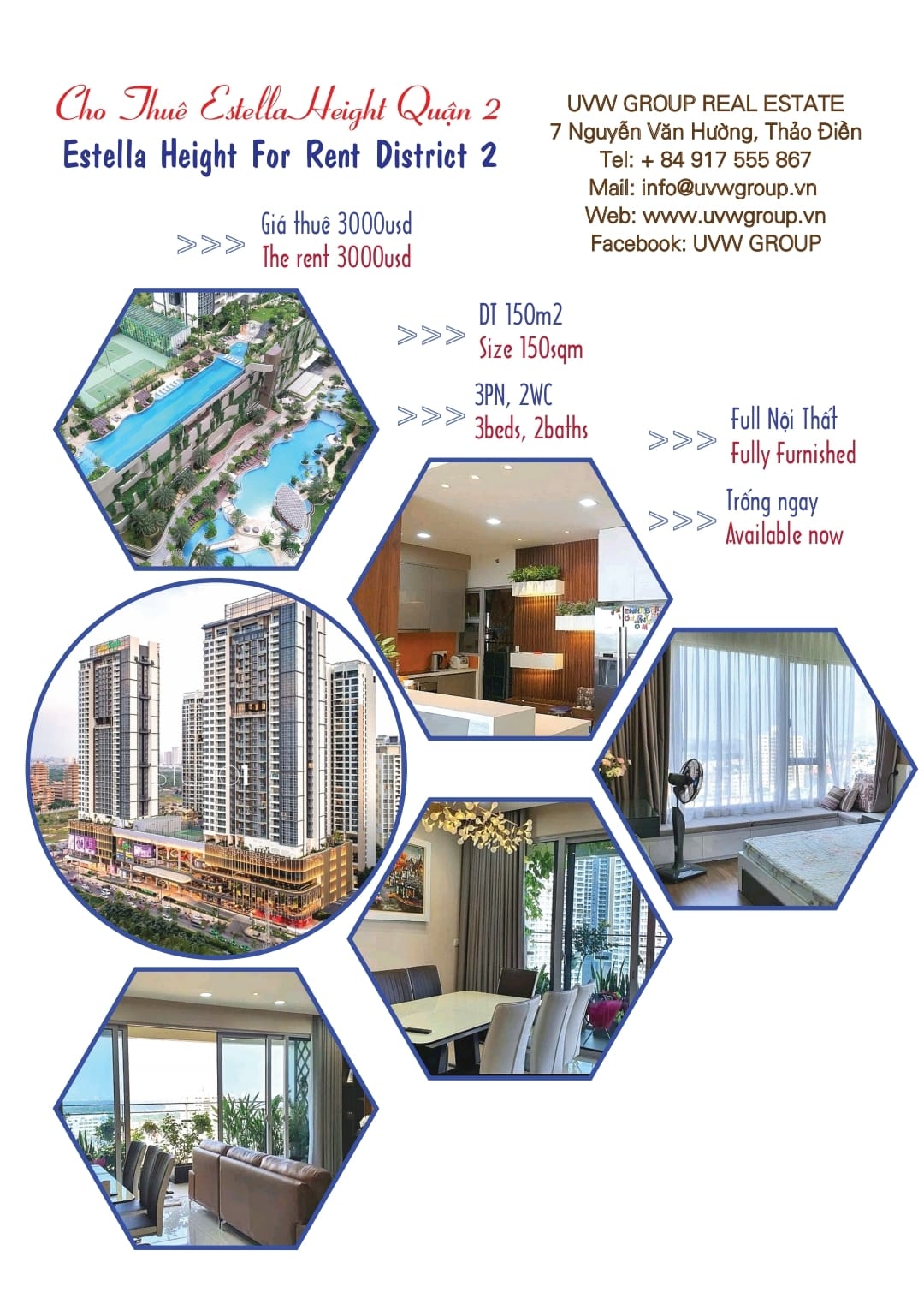 Căn hộ Estella Heights cho thuê | 3PN | 150m² | $3,000 | Quận 2